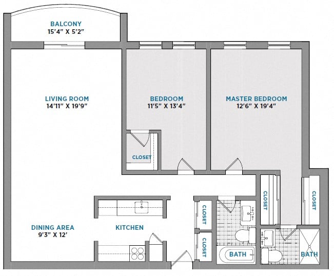 Floor plan for 2 beds, 2 baths, 1200 sqft
